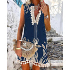 JuliaFashion - 2024 Women Print Tassel Decor Sleeveless Boho Tank Dress