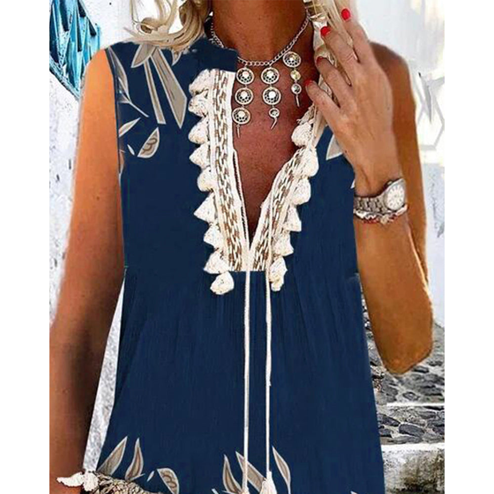 JuliaFashion - 2024 Women Print Tassel Decor Sleeveless Boho Tank Dress