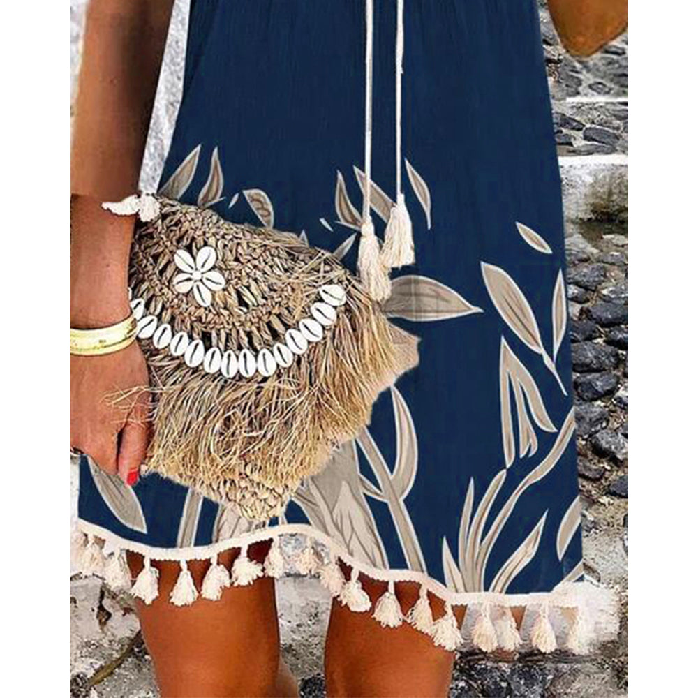 JuliaFashion - 2024 Women Print Tassel Decor Sleeveless Boho Tank Dress