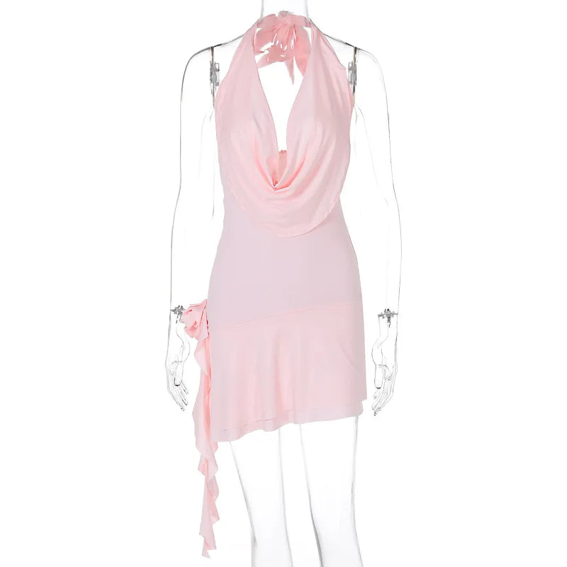 Julia Fashion - Black Personality Swing Neckline Flower Decorated Maxi Puss Sexy Mini Dress