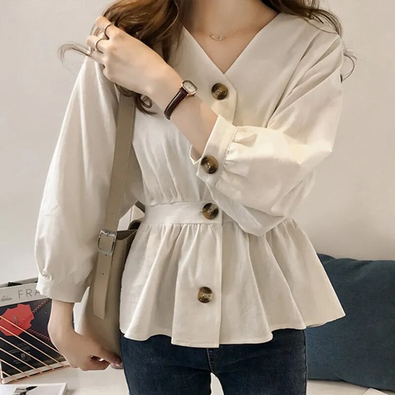 JuliaFashion - 2024 Ruffles Waist V-Neck Autumn Blouses