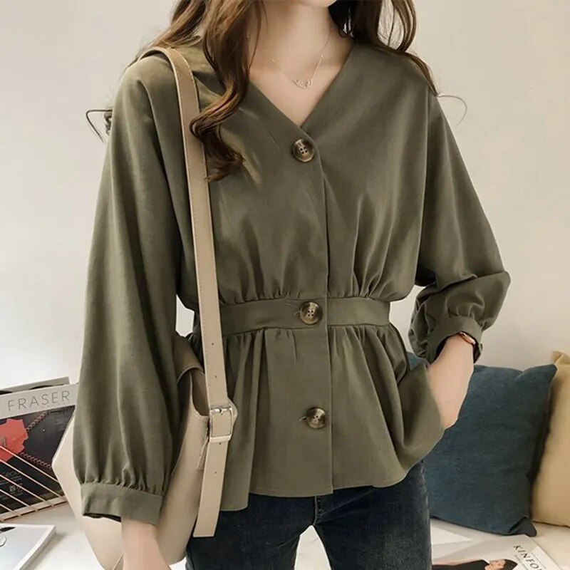 JuliaFashion - 2024 Ruffles Waist V-Neck Autumn Blouses