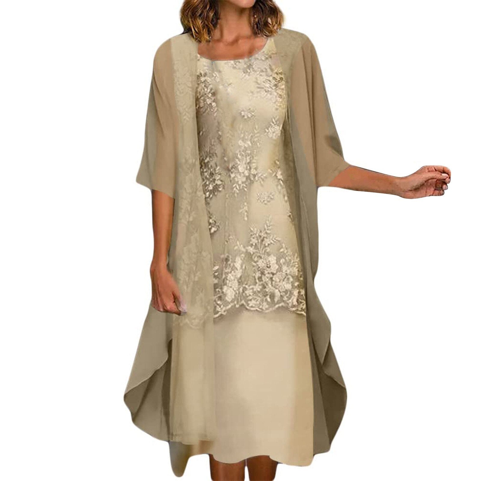 JuliaFashion - 2024Vintage Lace Printed Festive Bridesmaid Midi Dress