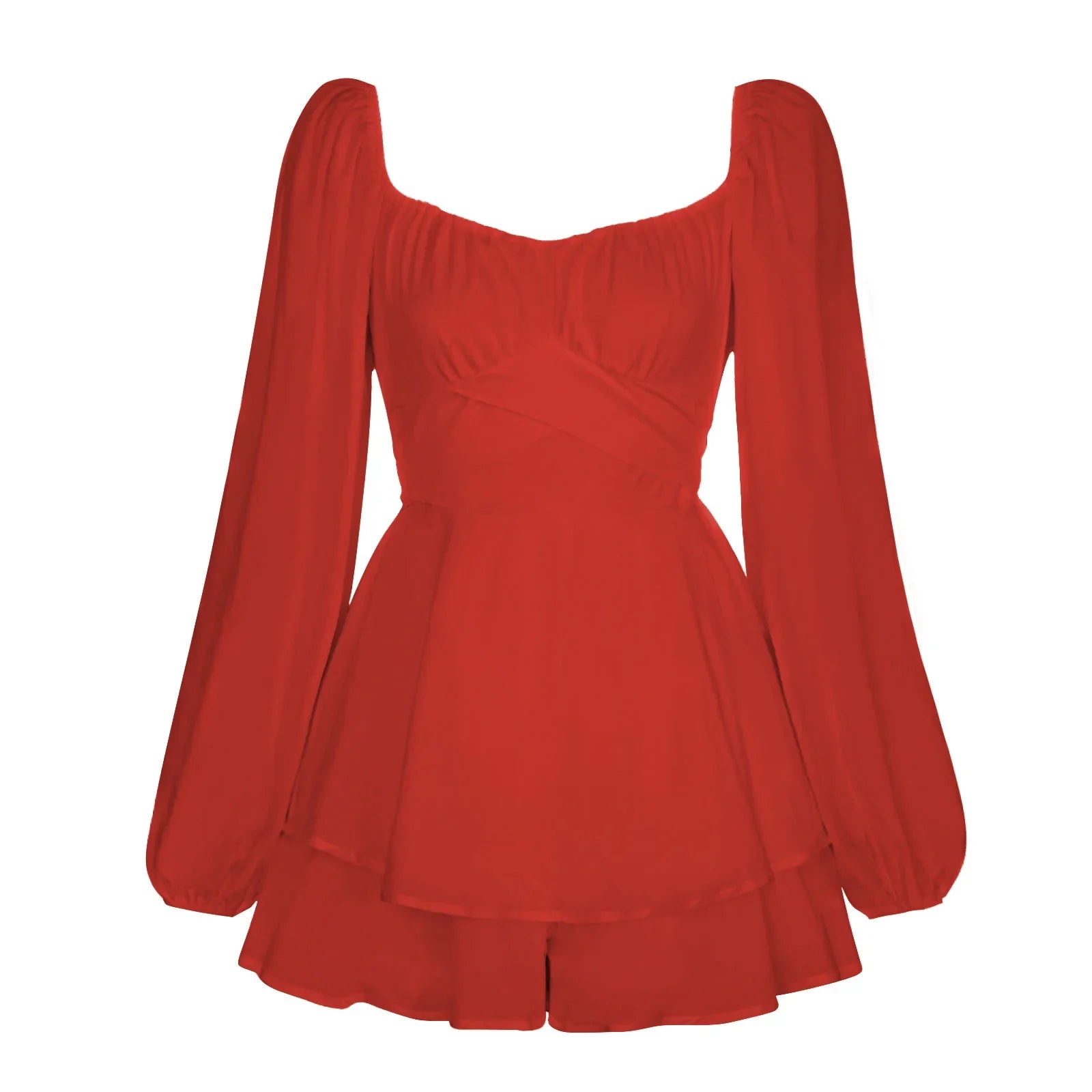 Julia Fashion - Solid Color Lantern Sleeve Ruffled Shorts Women's Mini Dress