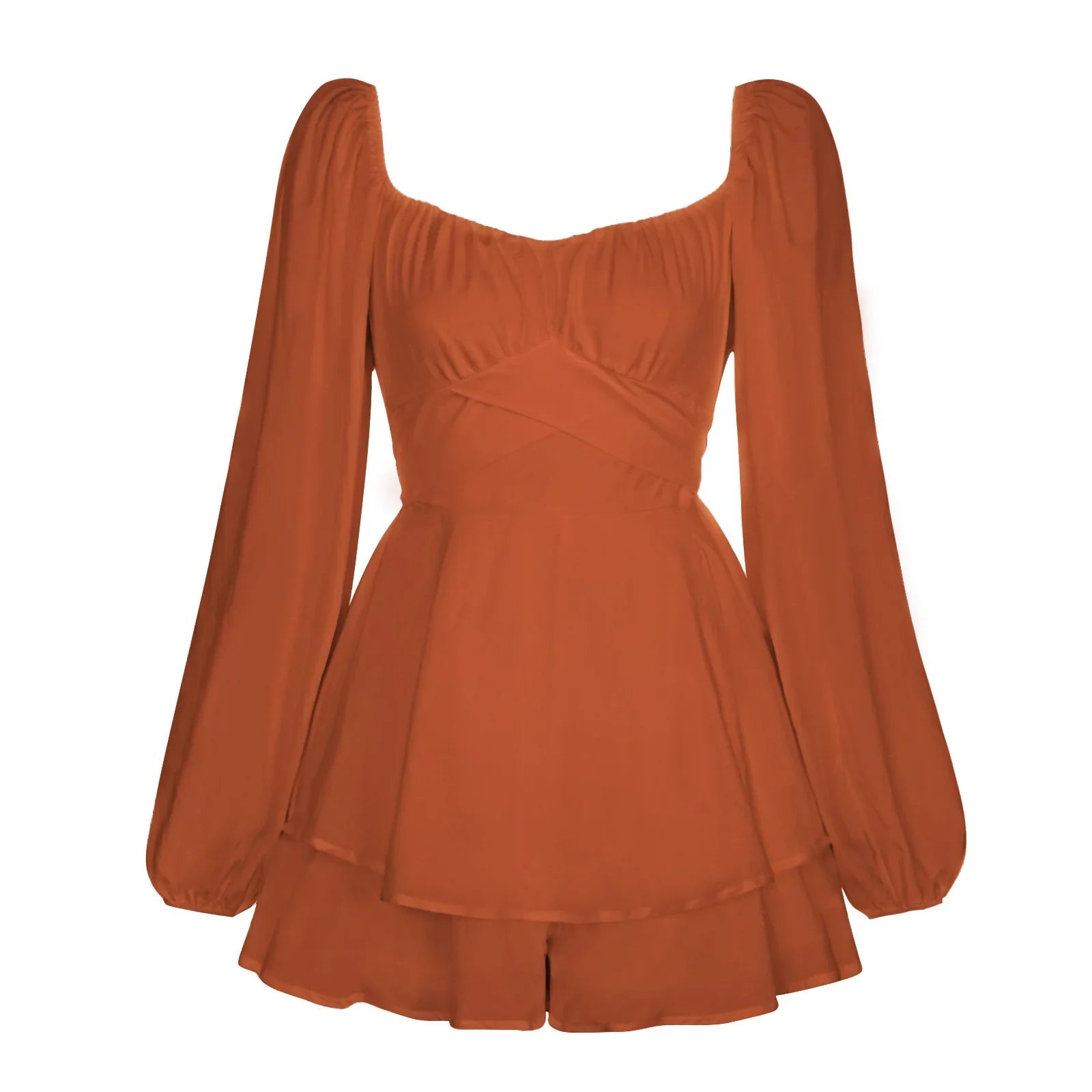Julia Fashion - Solid Color Lantern Sleeve Ruffled Shorts Women's Mini Dress
