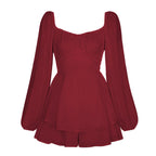 Julia Fashion - Solid Color Lantern Sleeve Ruffled Shorts Women's Mini Dress
