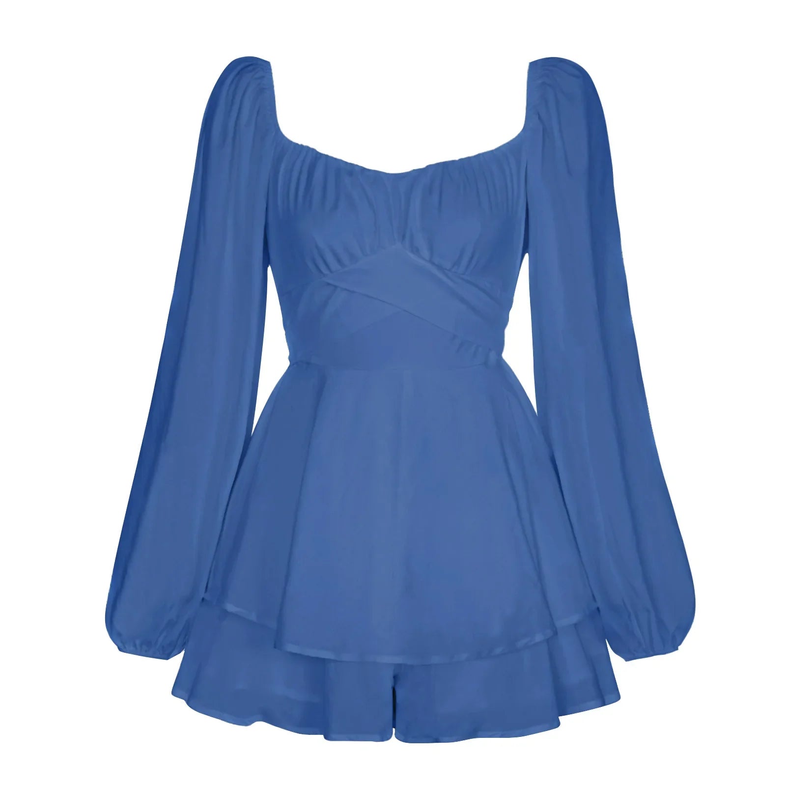 Julia Fashion - Solid Color Lantern Sleeve Ruffled Shorts Women's Mini Dress