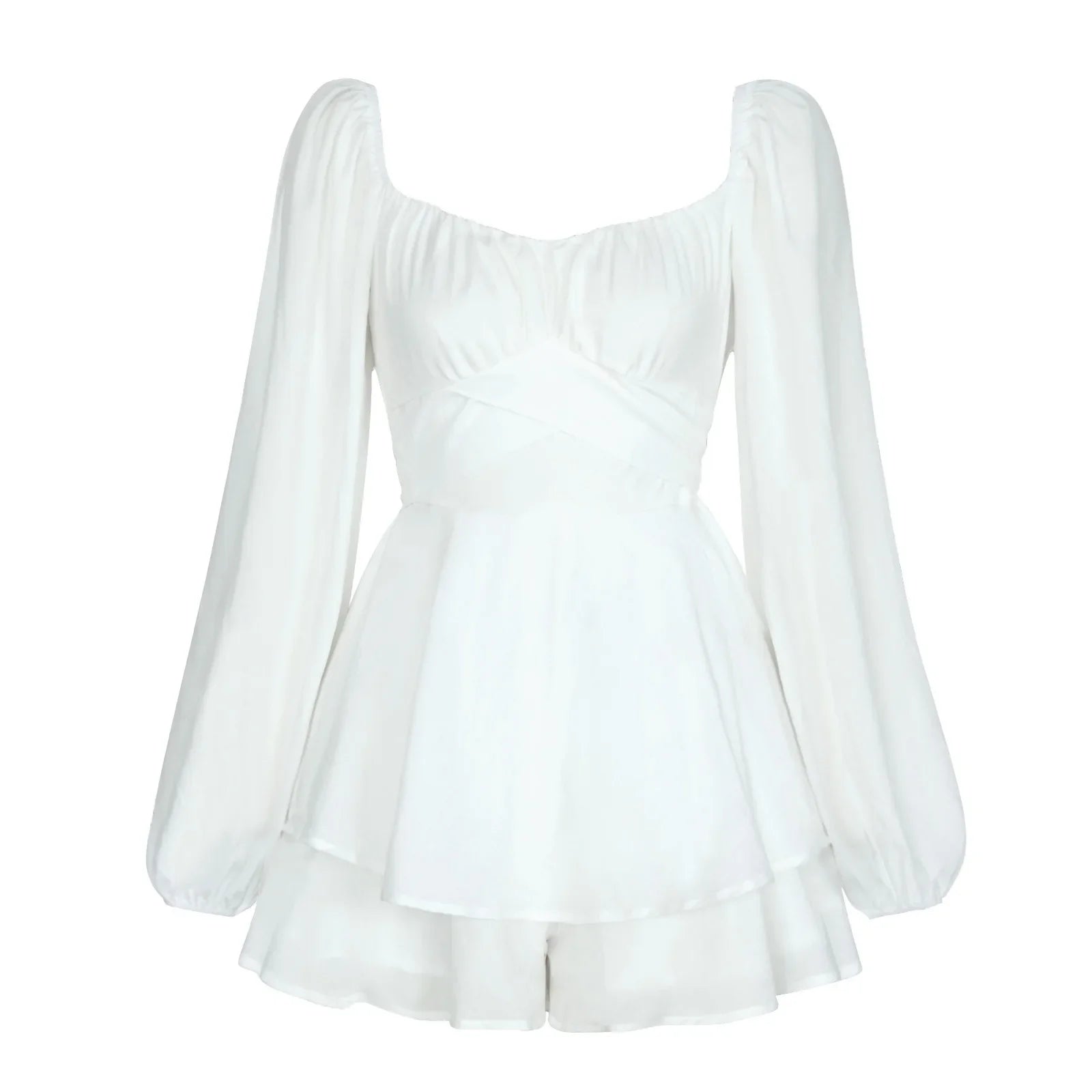 Julia Fashion - Solid Color Lantern Sleeve Ruffled Shorts Women's Mini Dress