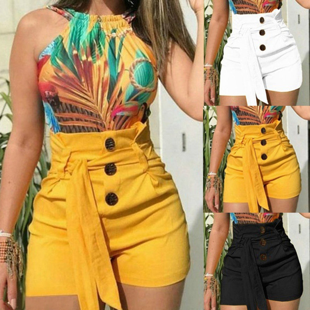JuliaFashion - Slim Fit Belted High Waist Solid Short