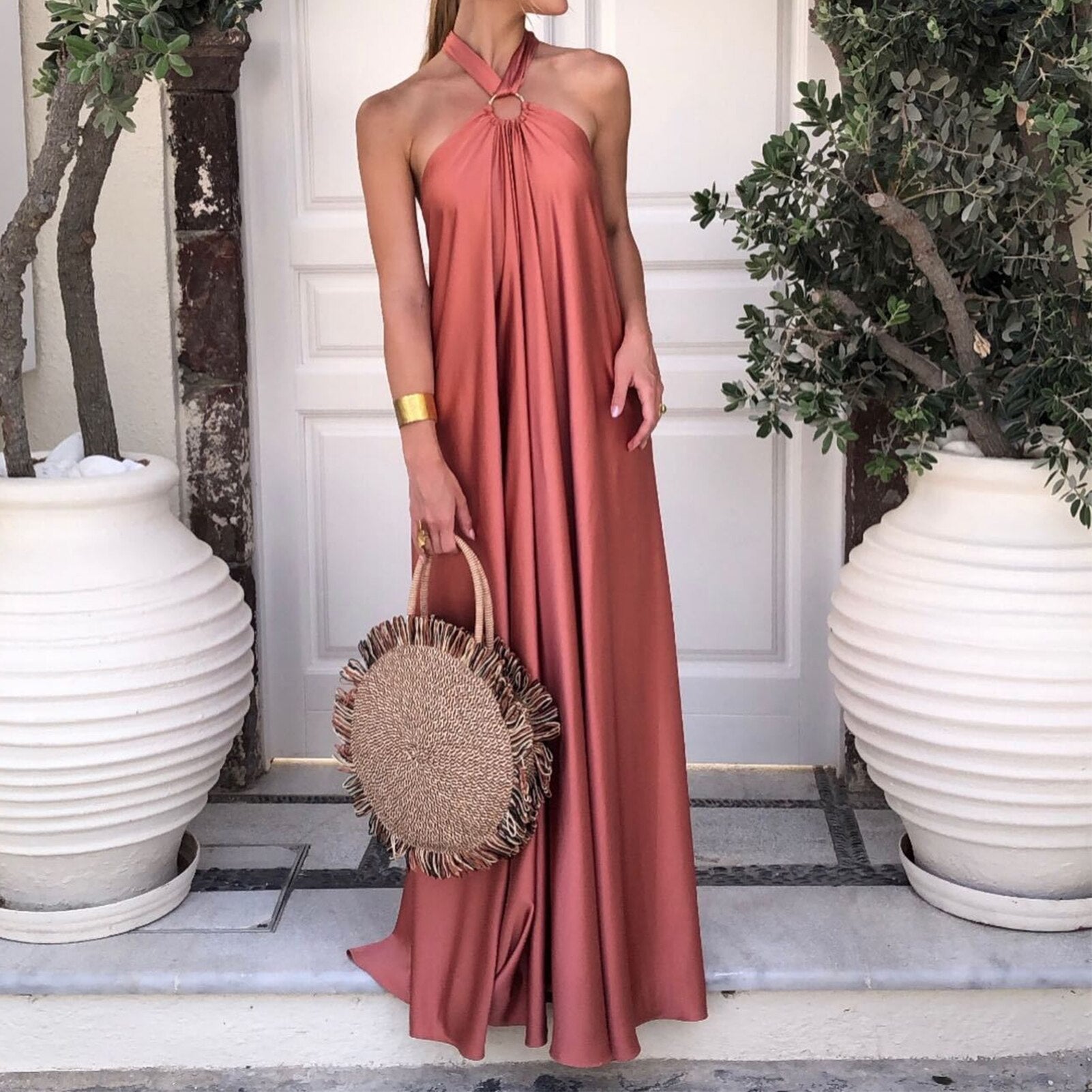 JuliaFashion - Vintage Halter Neck Backless Maxi Dress