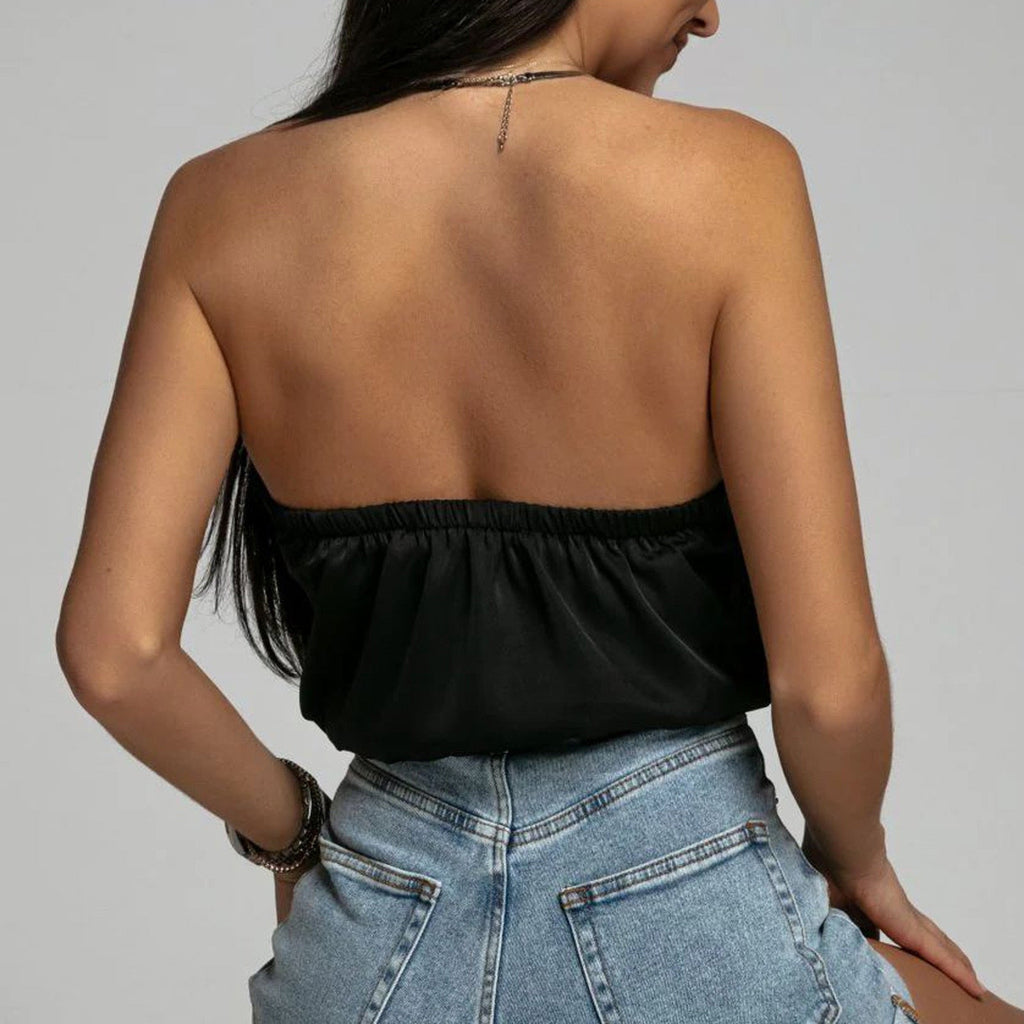 JuliaFashion - Satin Halter Neck Crop Camis