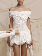 Wrinkled Off Shoulder Mini Dress