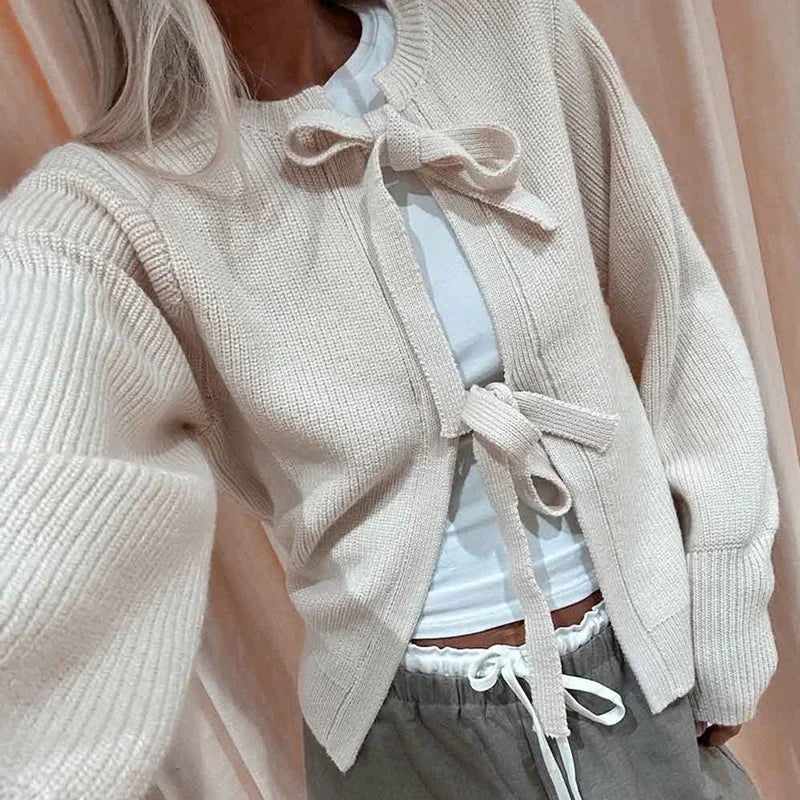 Kawaii Tie Front Long Sleeve Loose Fit Knitwear Cardigan