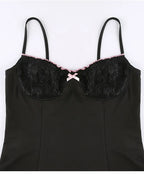 Julia Fashion - Retro Lace Patchwork Strap Bow Black Aesthetic Club Party Mini Dress