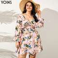 JuliaFashion-Long Sleeve V-Neck Sexy Floral Printed Mini Sundress