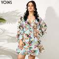 JuliaFashion-Long Sleeve V-Neck Sexy Floral Printed Mini Sundress