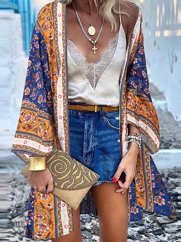 JuliaFashion - 2024 Women Cardigan Open Front Bohemian Floral Printed Blouse