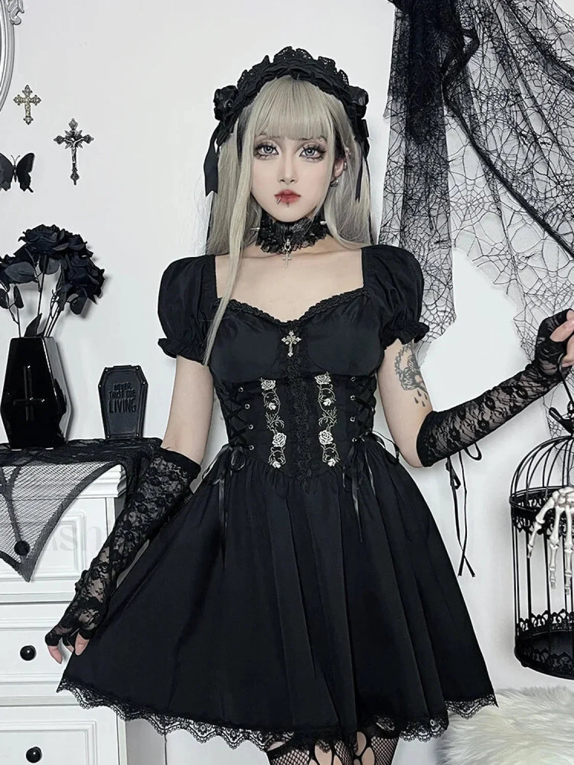 A Line Pleated Hem Swing Harajuku Summer Lolita Lace Trim Y2K Retro Streetwear Dress Black / S
