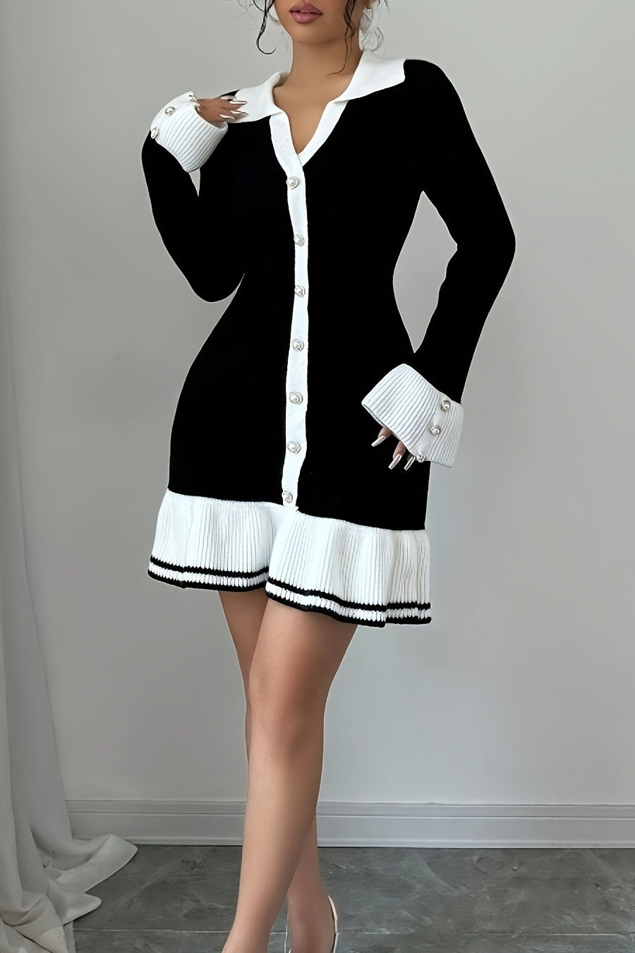 Long Sleeve Ruffle Sweater Dress S / Black