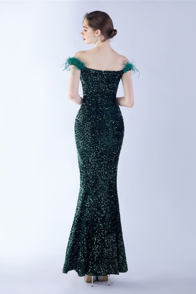Velvet Sequin Ostrich Feather Off Shoulder Formal Dress