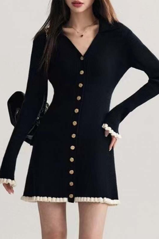 Black Contrast V-Neck Sweater Dress