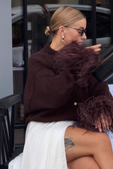 Button Accented Solid Feather Paneled Sweater