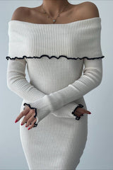 Ribbed Off Shoulder Color Block Knit Sweater Dress