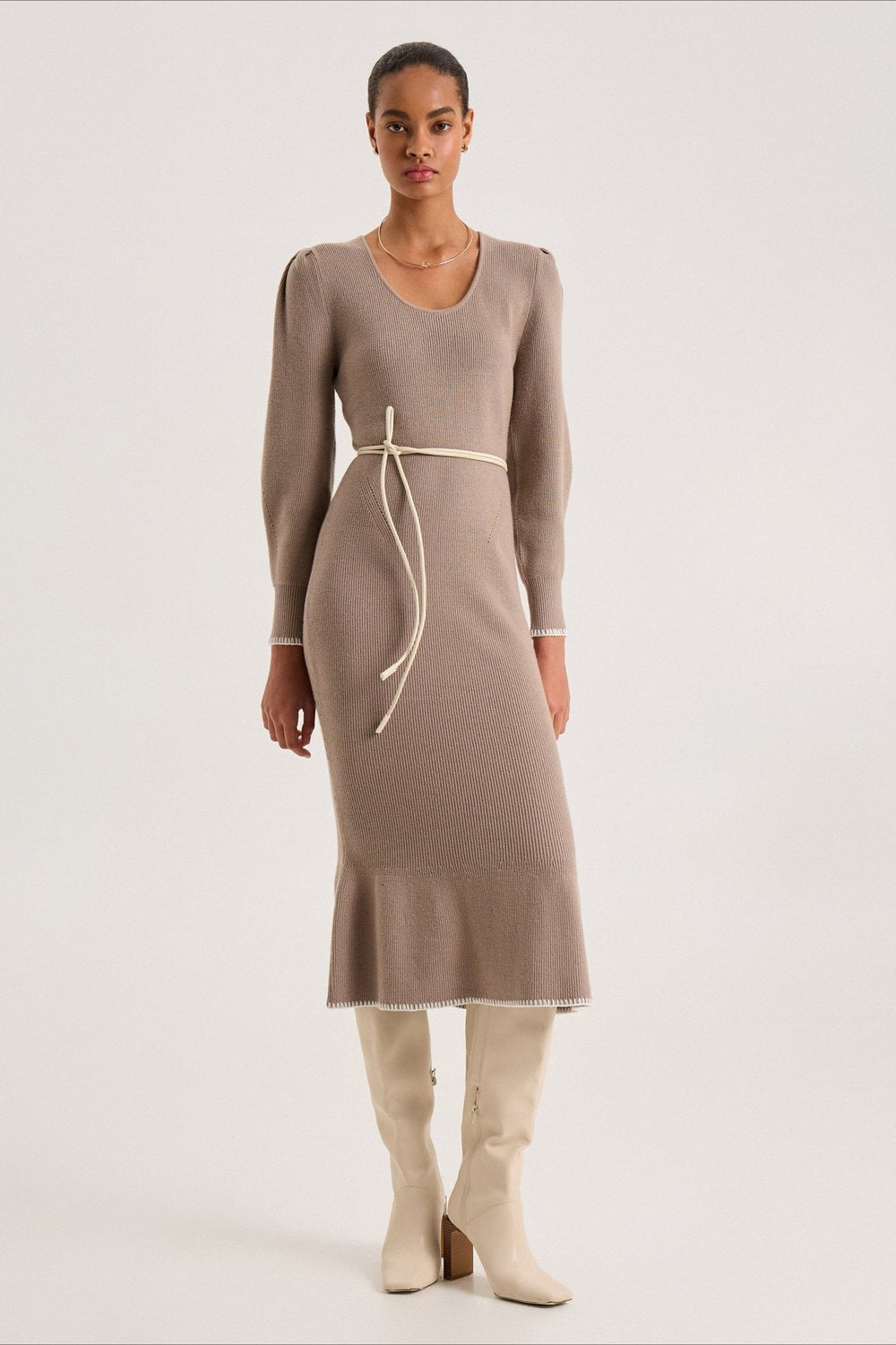 Contrast Trim Ruffle Sweater Dress