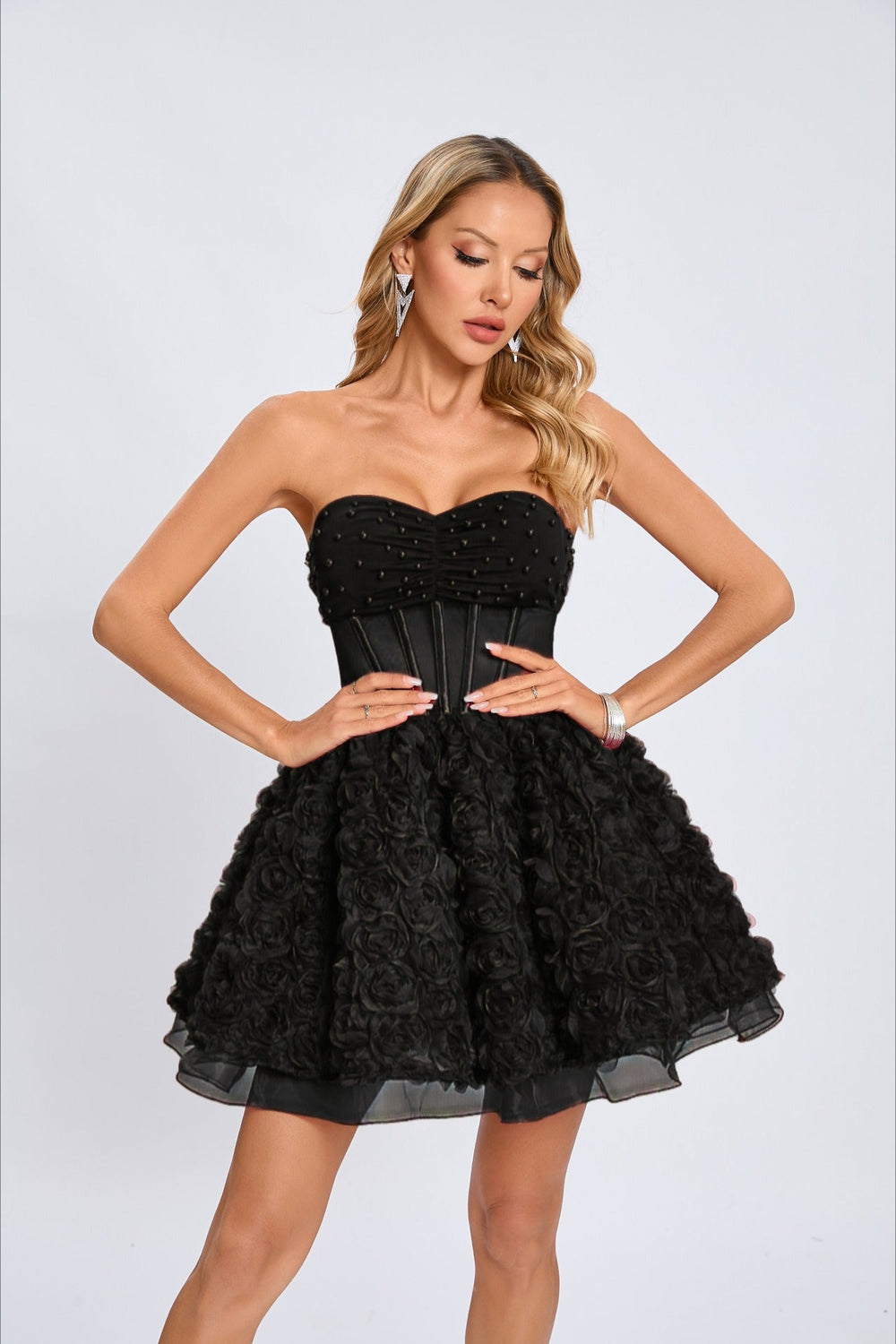Beaded Strapless Puff Party Dress XS / Black