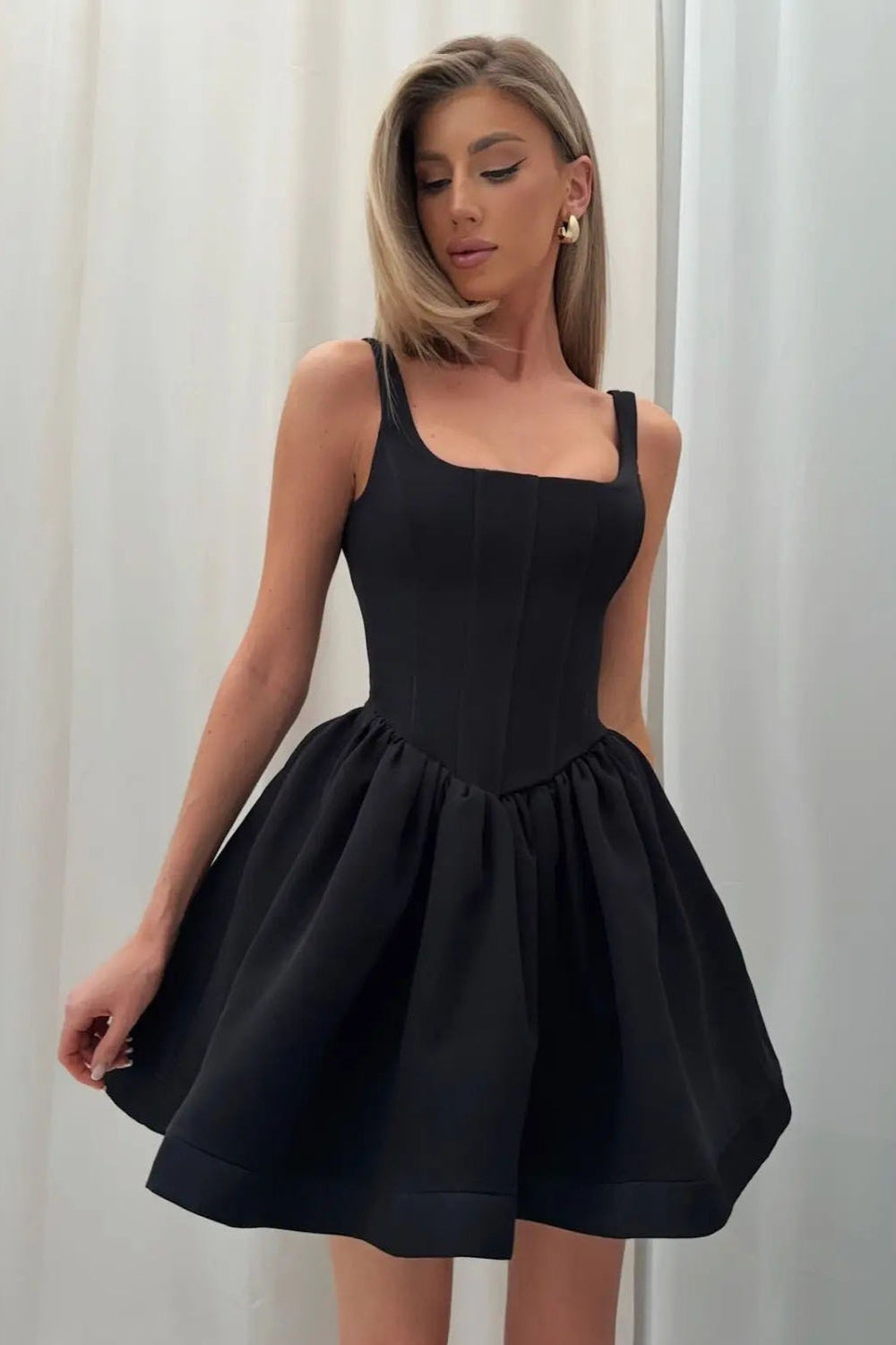 Satin Corset Puff Party Dress S / Black