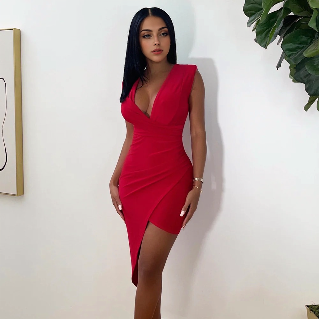 Julia Fashion - Sexy V Neck Sleeveless Bodycon Mini Dress