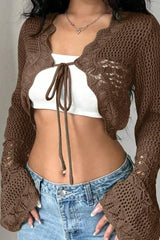 Korejpaa Y2k Clothes Ropa De Mujer Brown Hollowed Out Knitted Cardigan Brown / S