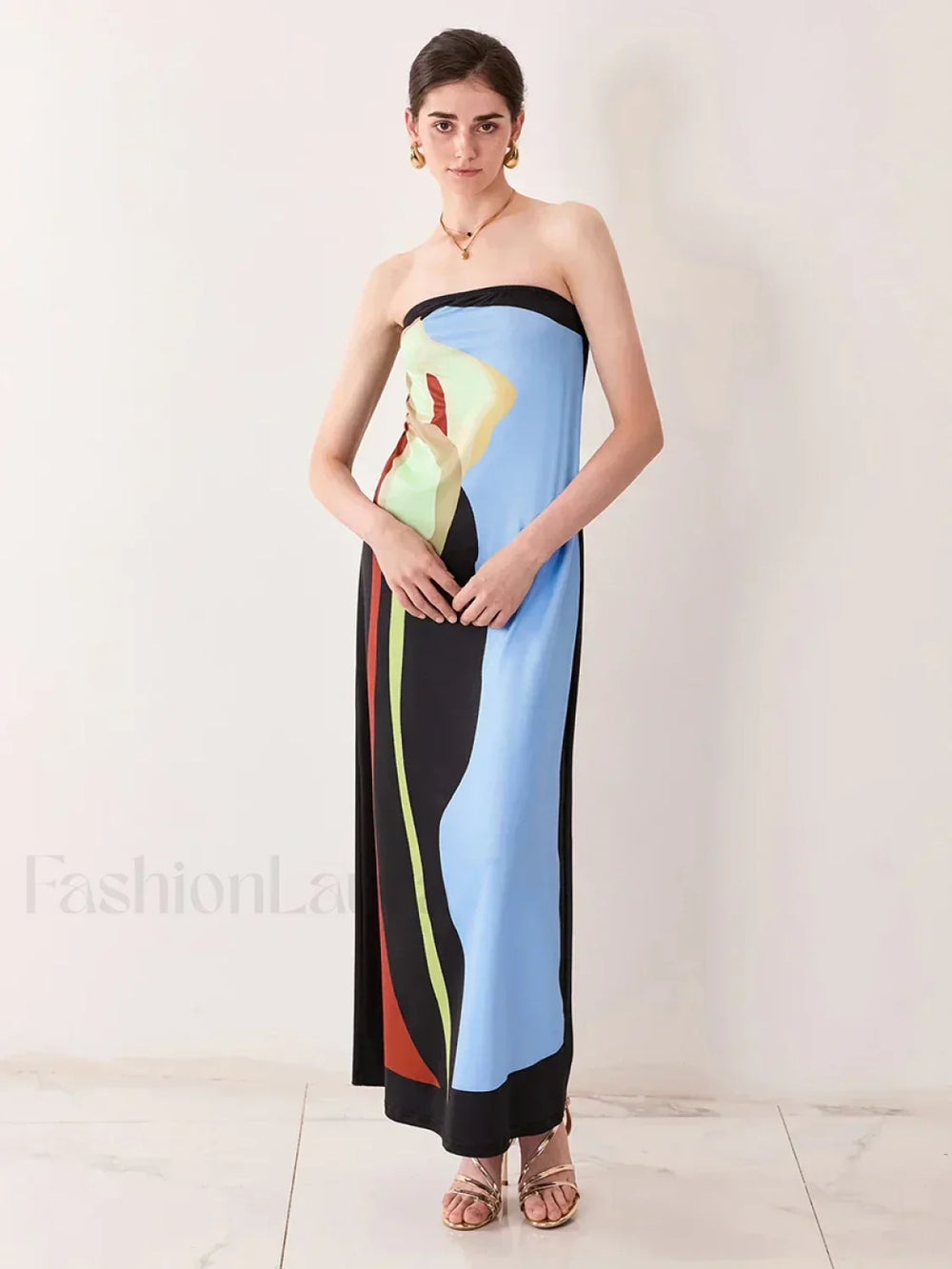 Abstract Strapless Loose Maxi Dress blue / S