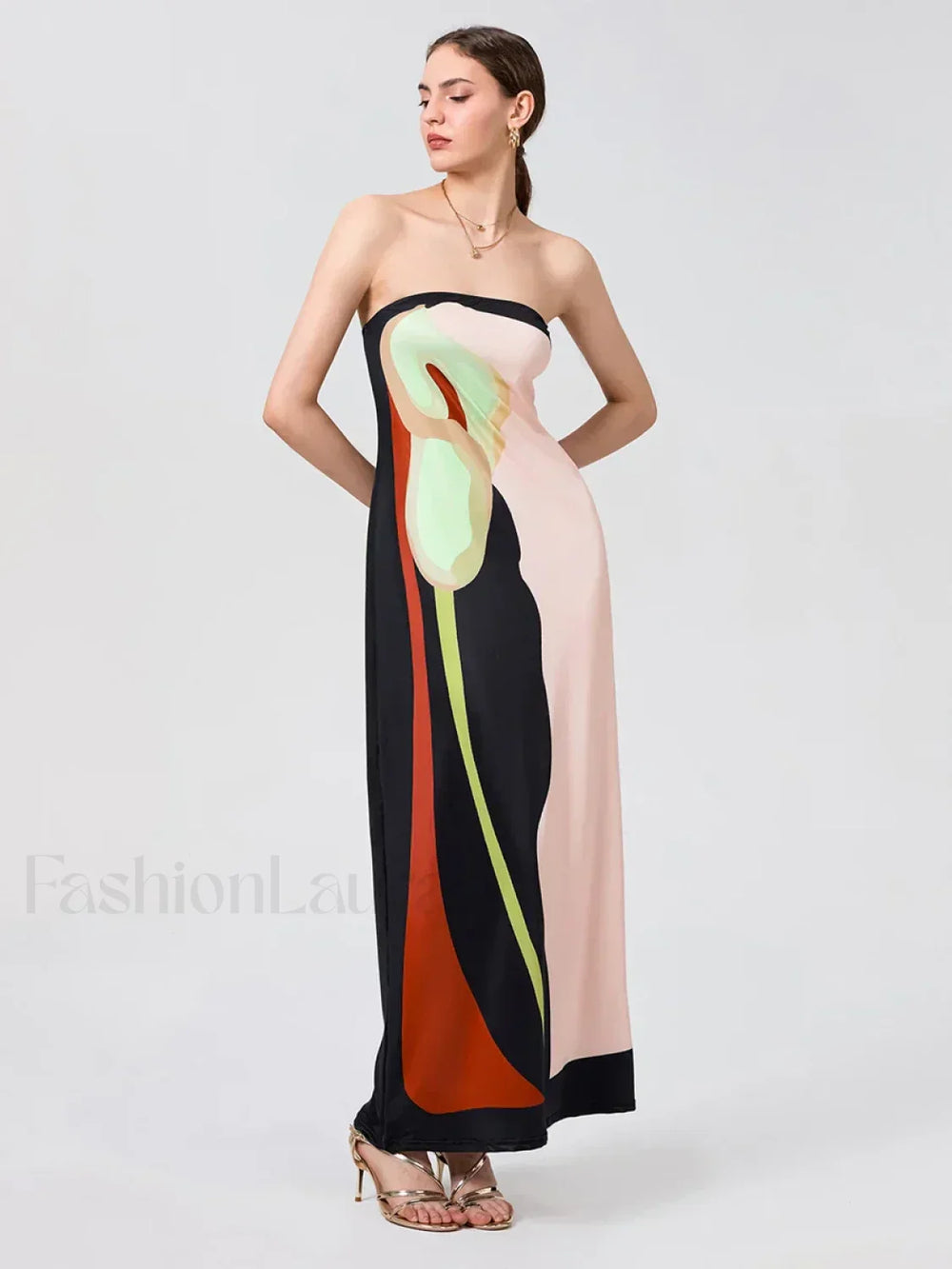 Abstract Strapless Loose Maxi Dress black / S