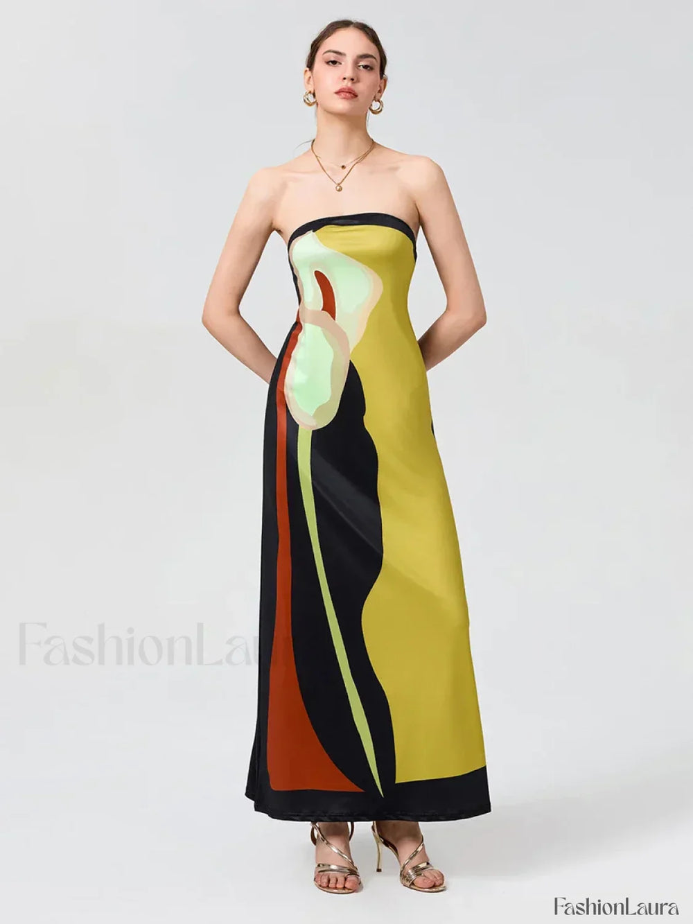 Abstract Strapless Loose Maxi Dress yellow / S