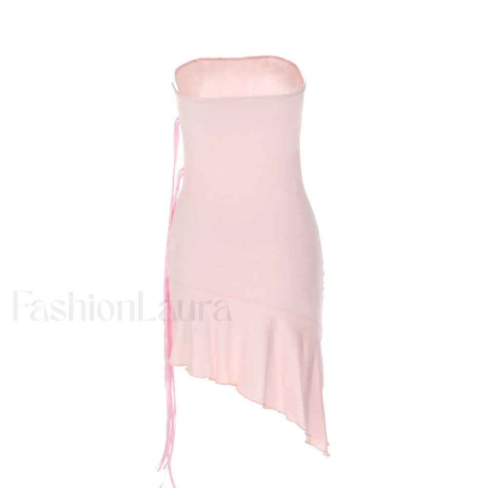 Adorable Solid Color Ribbon trim Ruffle Hem Strapless Mini Dress Pink Party Dresses L