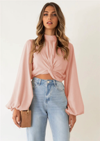 Julia Fashion - Women Long Lantern Sleeve Solid Color Sexy Crop Tops