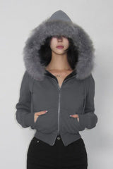Fur Trim Hooded Zip Waist Jacket S / Grey