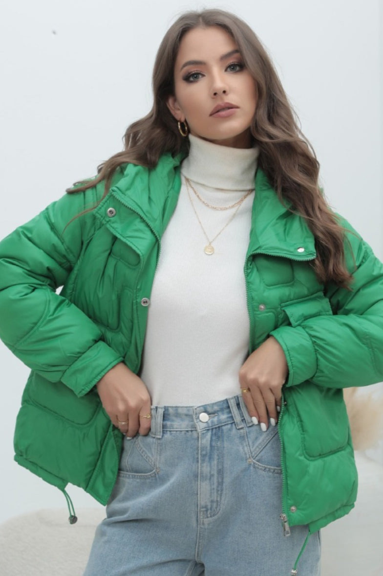 Bright Color Stand Collar Puffer Coat Green / S coats
