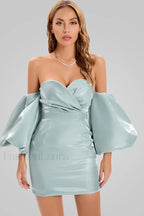 Alexandrine Puff Stylish Sleeve Mini Dress S / Aqua