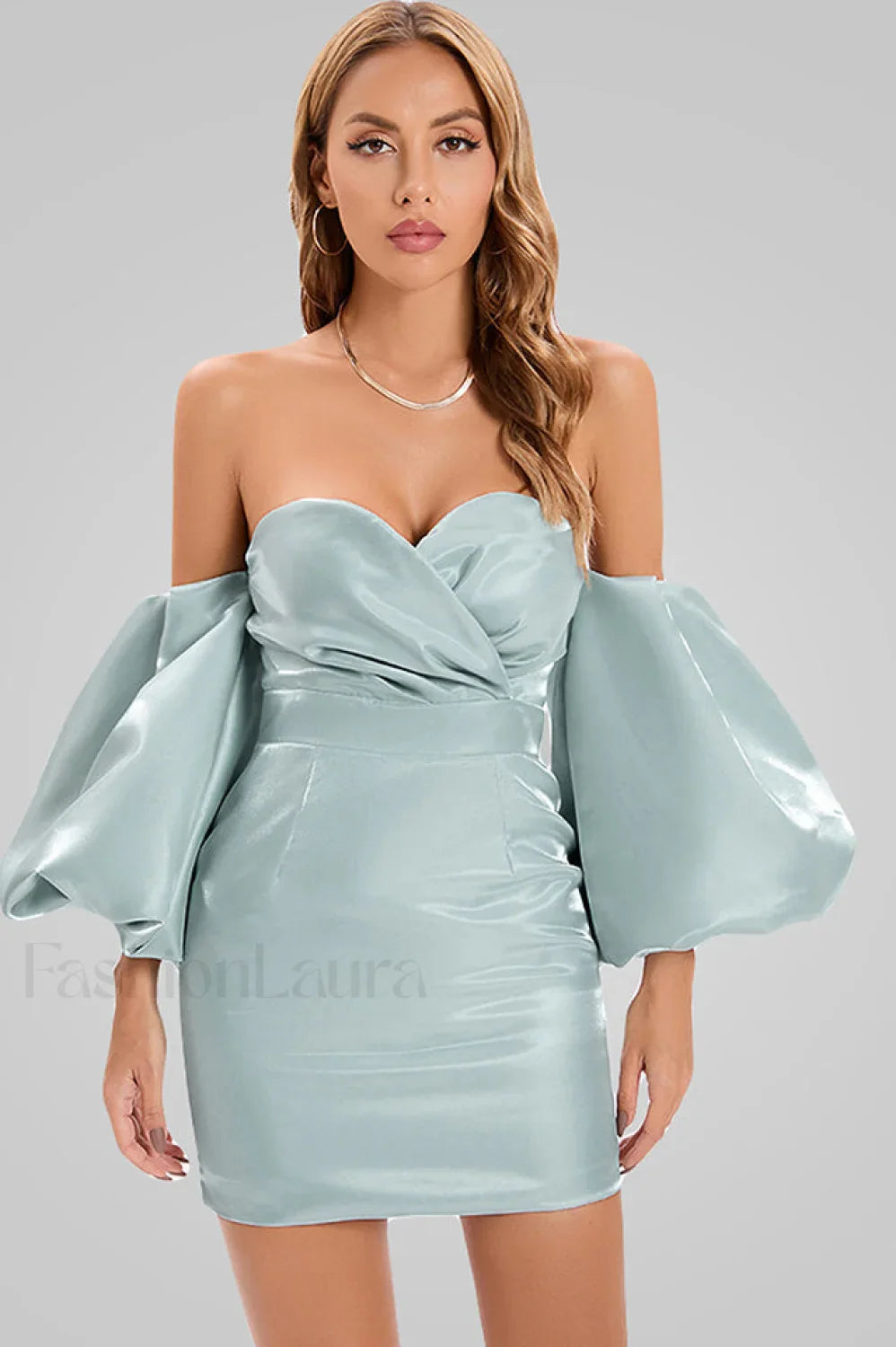 Alexandrine Puff Stylish Sleeve Mini Dress S / Aqua