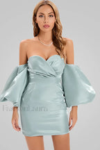Alexandrine Puff Stylish Sleeve Mini Dress S / Aqua