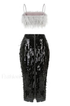 Aleyna Feather Top Charming + Sequin Skirt Set
