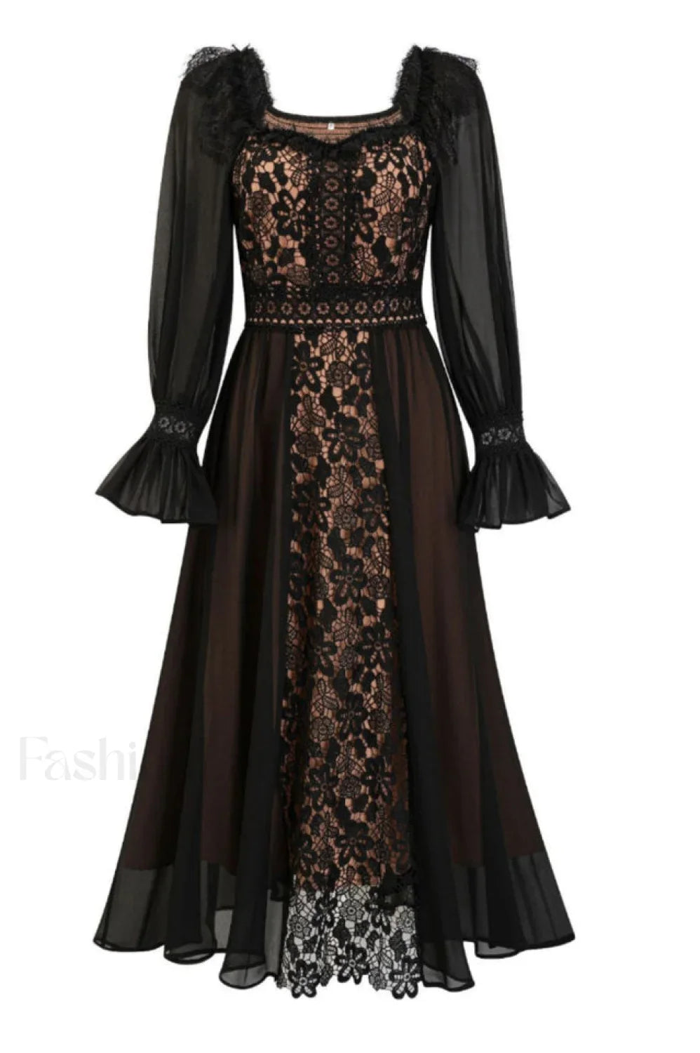 Aliana Floral Hollow Charming Long Sleeve Dress S / Black