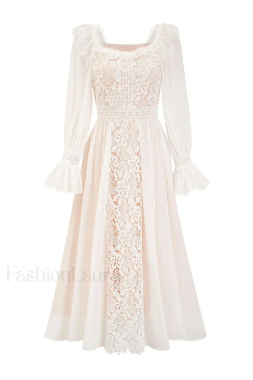 Aliana Floral Hollow Charming Long Sleeve Dress S / White