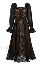 Aliana Floral Hollow Charming Long Sleeve Dress S / Black