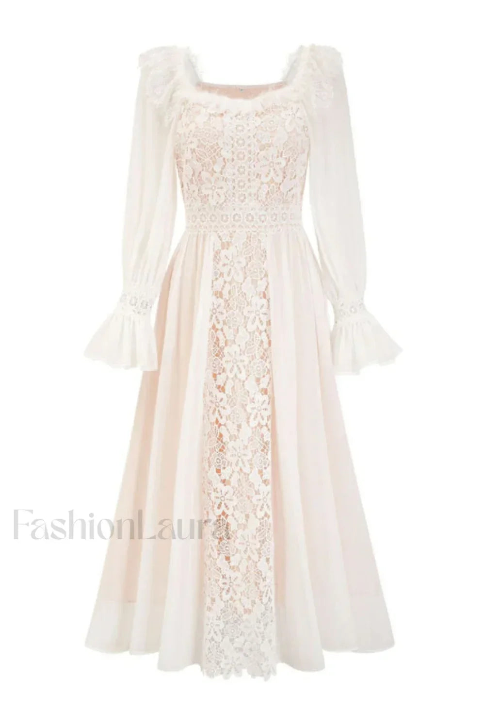 Aliana Floral Hollow Charming Long Sleeve Dress S / White