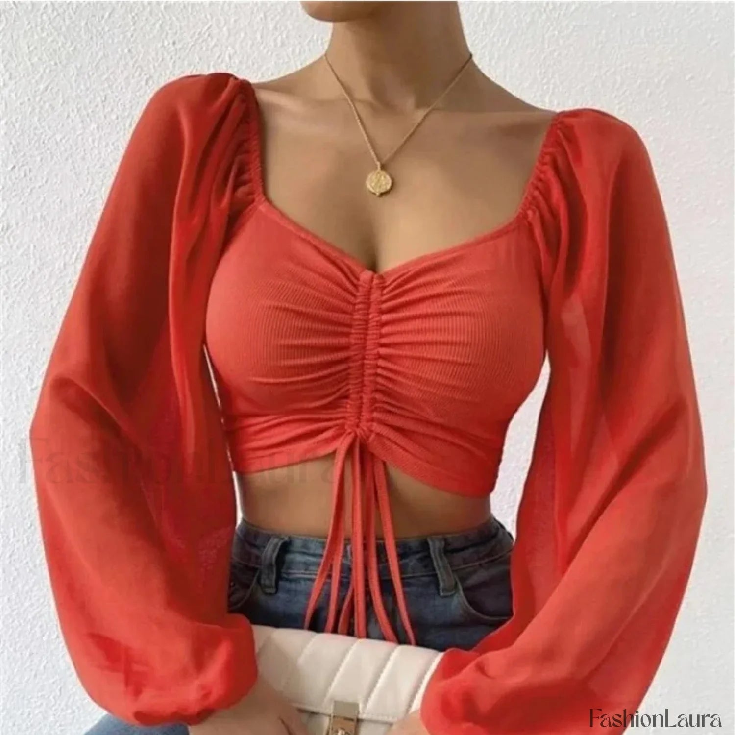 ALLUKASA Sexy Mesh Lantern Sleeve Crop Top dark green / S