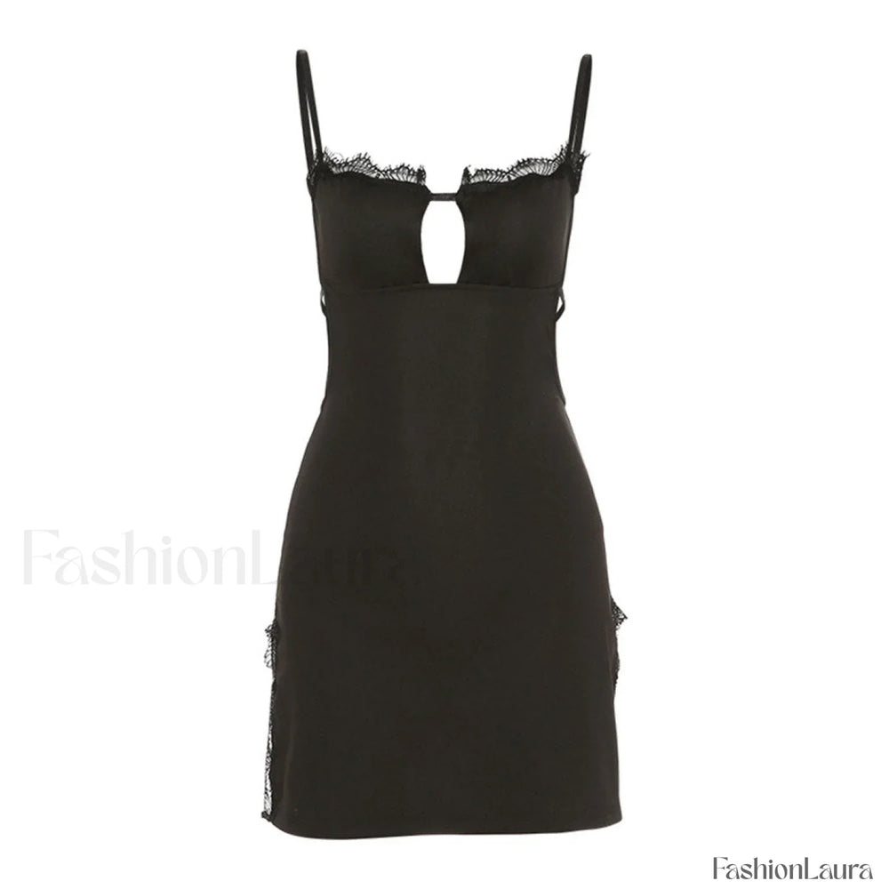 Alluring Eyelash Lace Trim Split Club Mini Dress Black L / Black Party Dresses L