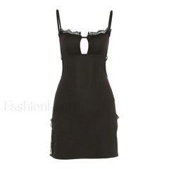 Alluring Eyelash Lace Trim Split Club Mini Dress Black L / Black Party Dresses L